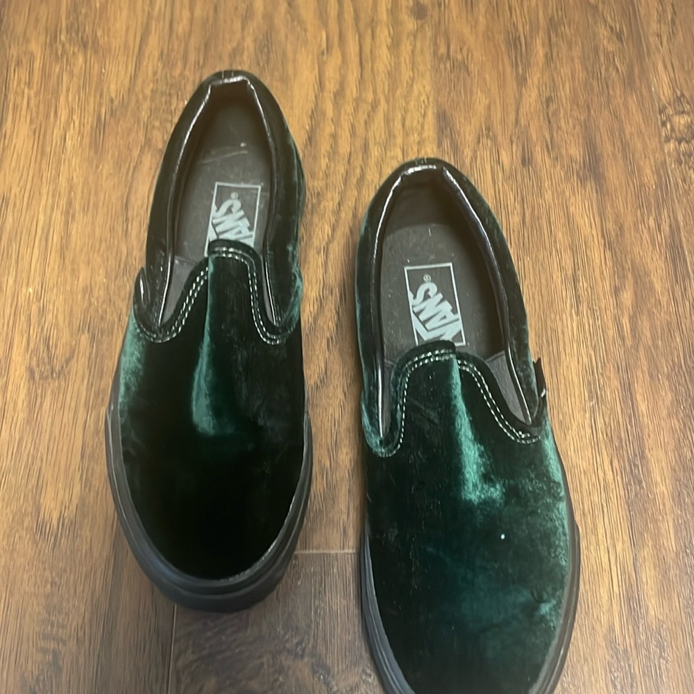 Vans green velvet and black slip on vans size 8